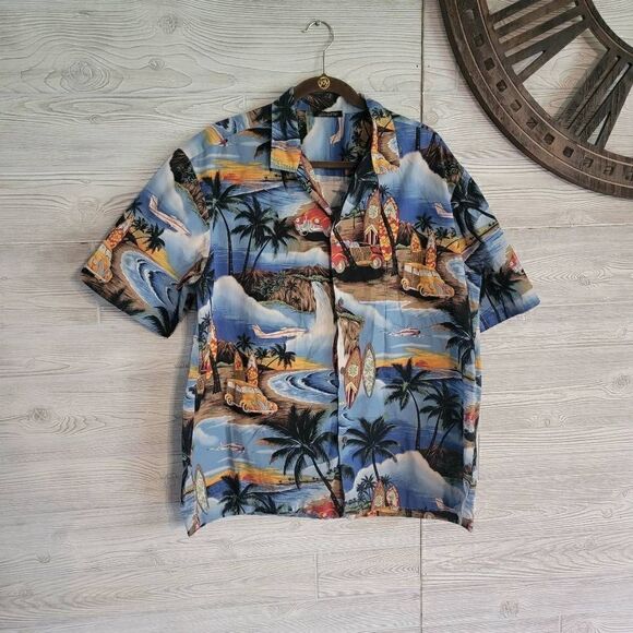 Royal Creations Hawiian Shirt Mens Button Down SZ XL Cars Surfing - Picture 1 of 6